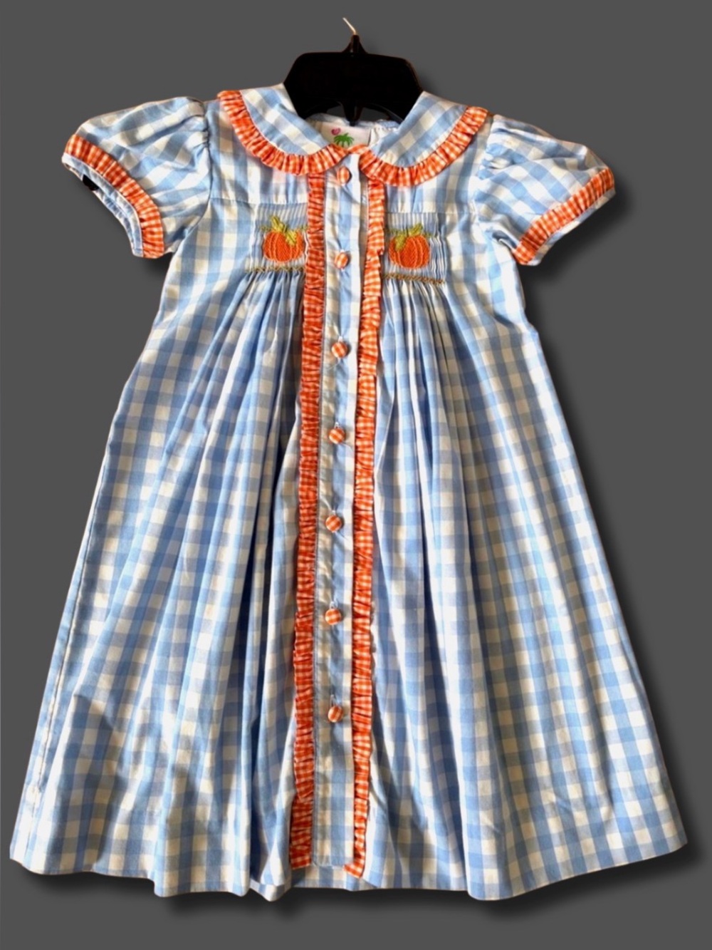 Shrimp & Grits Kids 4T Smocked Pumpkin Dress Blue Gingham Fall Thanksgiving
